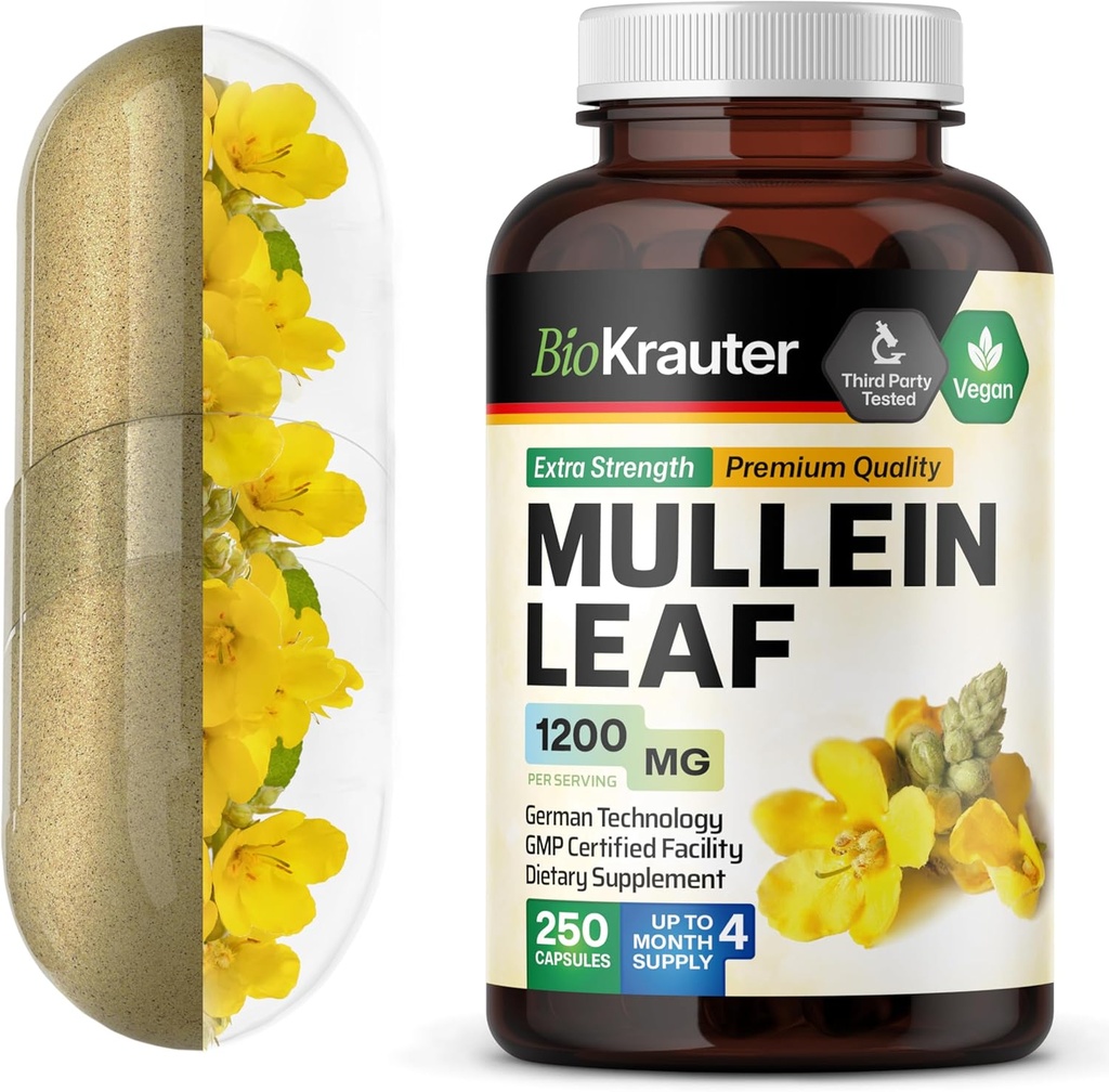 BIO KRAUTER Mullein Capsules 1200 mg 250 Count - Pure Vegan Mullein Leaf Extract for Lungs - 125 Days of Supply - Lung Cleanse & Respiratory Support Supplements - No Fillers, Non-GMO