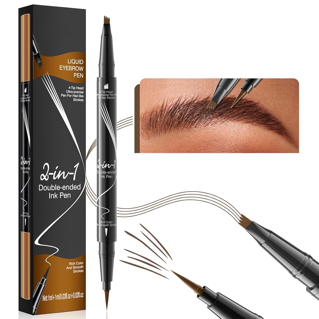 9706 2-σε-1 Διπλό Ενωμένο Liquid Πένα μάτι, 4 Tip Head & 1 Tip Ultra Fine Πένα μάτι, Εύκολα Σχεδίαση Realαλιστικά φρύδια, 4 Χρώμα, Αδιάβροχο (2#Dark Brown)