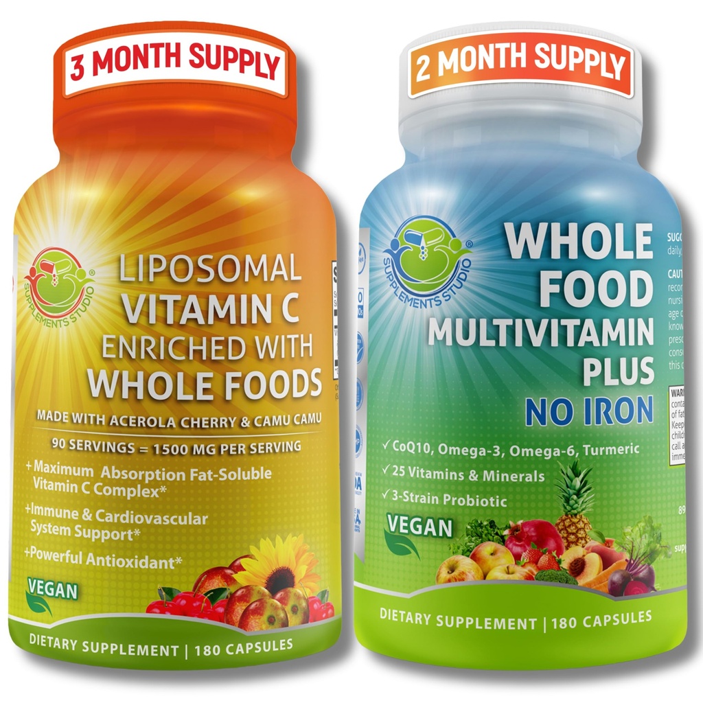Λιποσωμική βιταμίνη C 1500mg + Vegan πολυβιταμίνη τροφίμων χωρίς σίδηρο - Ενέργεια & ανοσοποιητική υποστήριξη Δέσμη με οργανικό κεράσι Acerola, Camu Camu & Εμπλουτισμένο με ολόκληρα τρόφιμα –Non-GMO, Clean Label
