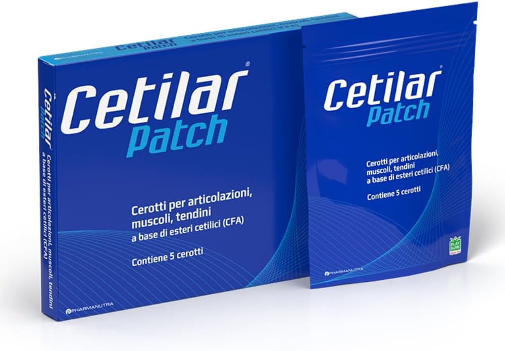 Cetilar Patch – 5 Disposable Patches με πατενταρισμένο Cetylated Λιπαρά Οξέα για τη μακράς διάρκειας ανακούφιση από τον πόνο των αρθρώσεων και των μυών, βελτιωμένη κινητικότητα, και την αποκατάσταση των σπορ – Ιδρωμένος & Αδιάβροχος – Dopping Free