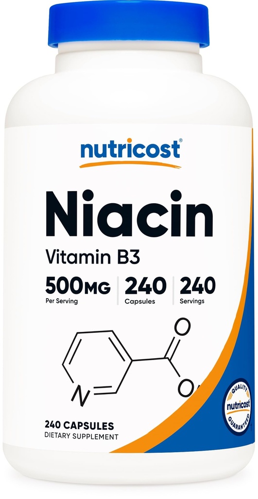 Nutricost Niacin (Vitamin B3) 500mg, 240 κάψουλες - με Flushing, μη ΓΤΟ, Χωρίς γλουτένη