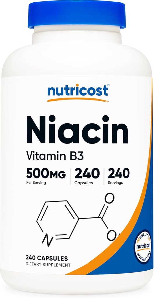 Nutricost Niacin (Vitamin B3) 500mg, 240 κάψουλες - με Flushing, μη ΓΤΟ, Χωρίς γλουτένη
