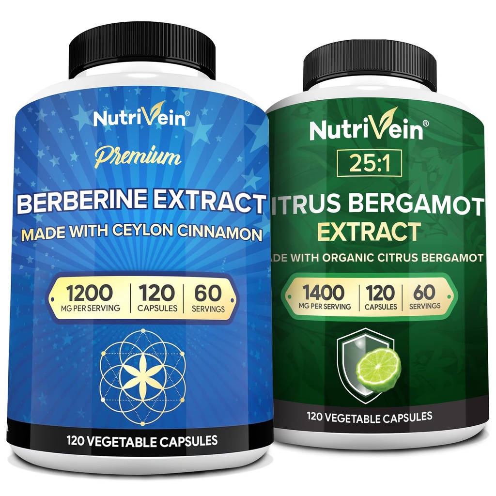 Nutrivein Premium Berberine 1200mg & Citrus Bergamot Extract 1400mg Bundle - Ceylon Cinnamon & 25:1 Bergamia Extract - Διαχείριση βάρους & Ανοσοποιητική υποστήριξη Plus Heart Health - 120 Κάψουλες κάθε μία