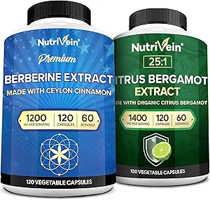 Nutrivein Premium Berberine 1200mg & Citrus Bergamot Extract 1400mg Bundle - Ceylon Cinnamon & 25:1 Bergamia Extract - Διαχείριση βάρους & Ανοσοποιητική υποστήριξη Plus Heart Health - 120 Κάψουλες κάθε μία