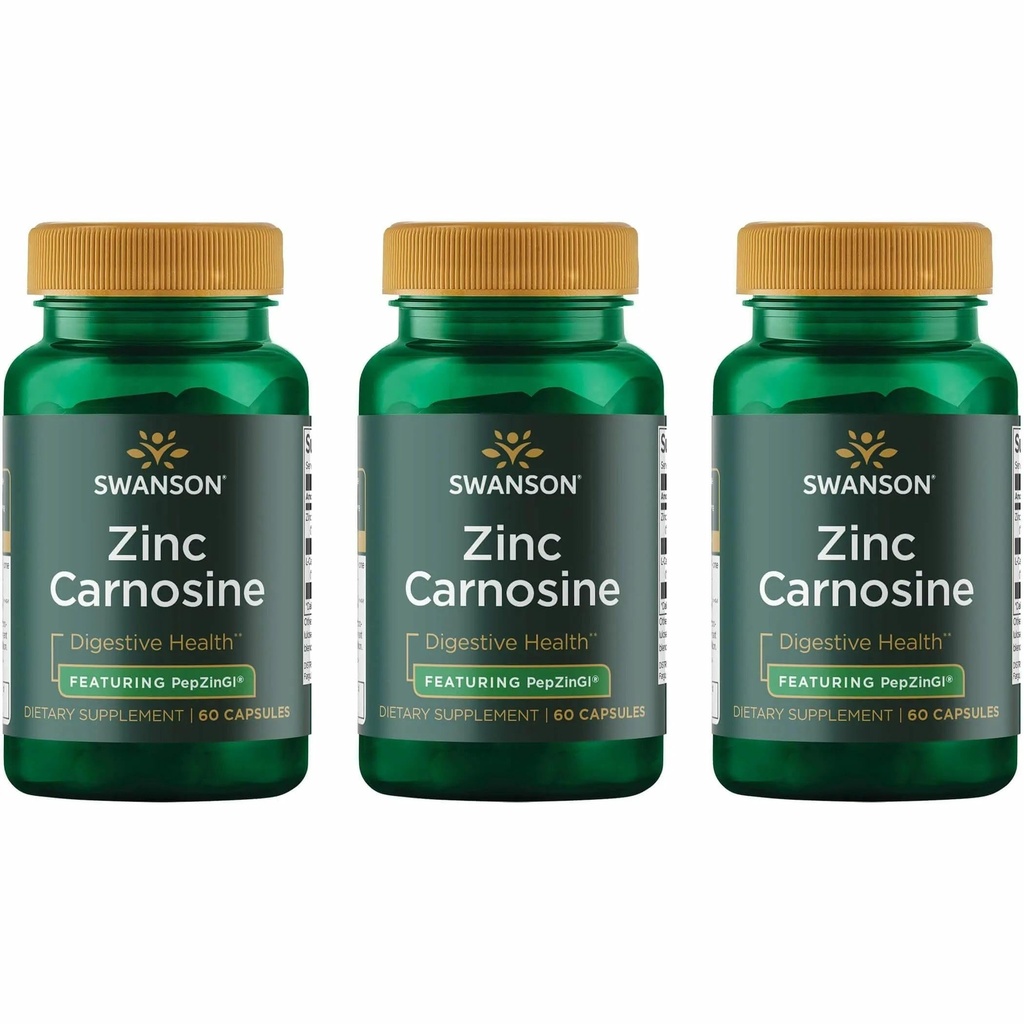 Swanson Zinc Carnosine (PepZin GI) - Φυσικό συμπλήρωμα για την προώθηση της γαστρικής υγείας & Digestive Υποστήριξη - Υποστηρίζει μικροβιακή ισορροπία στο στο στομάχι - (60 κάψουλες) (3 Pack)