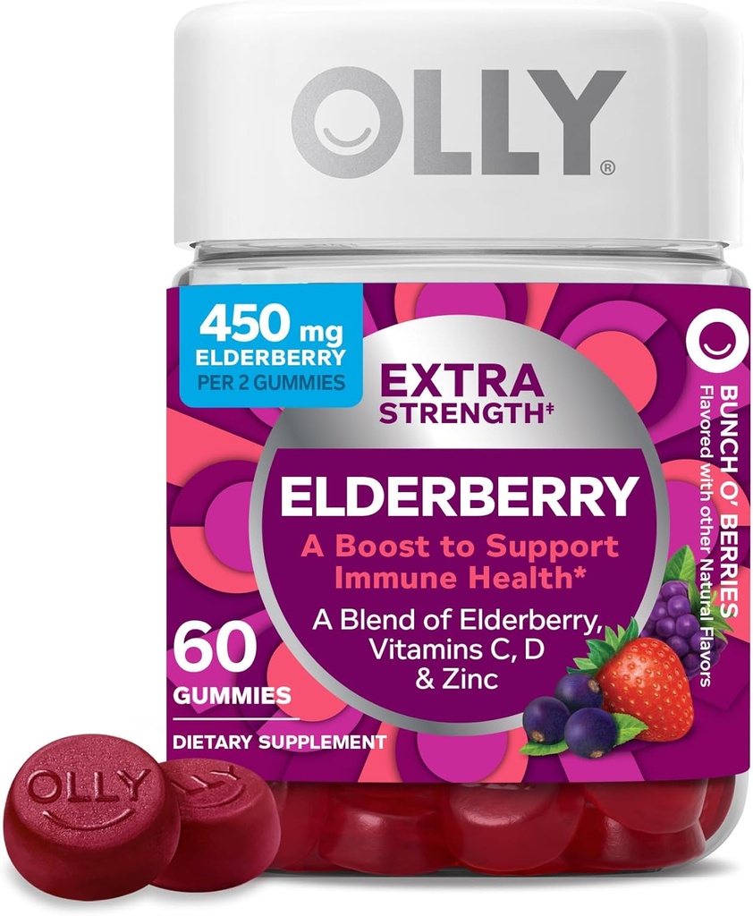 OLLY επιπλέον δύναμη Gummys Elderberry, ανοσοποιητική υποστήριξη, 450mg Elderberry, βιταμίνη C, D και ψευδάργυρος, Berry - 60 κόμης