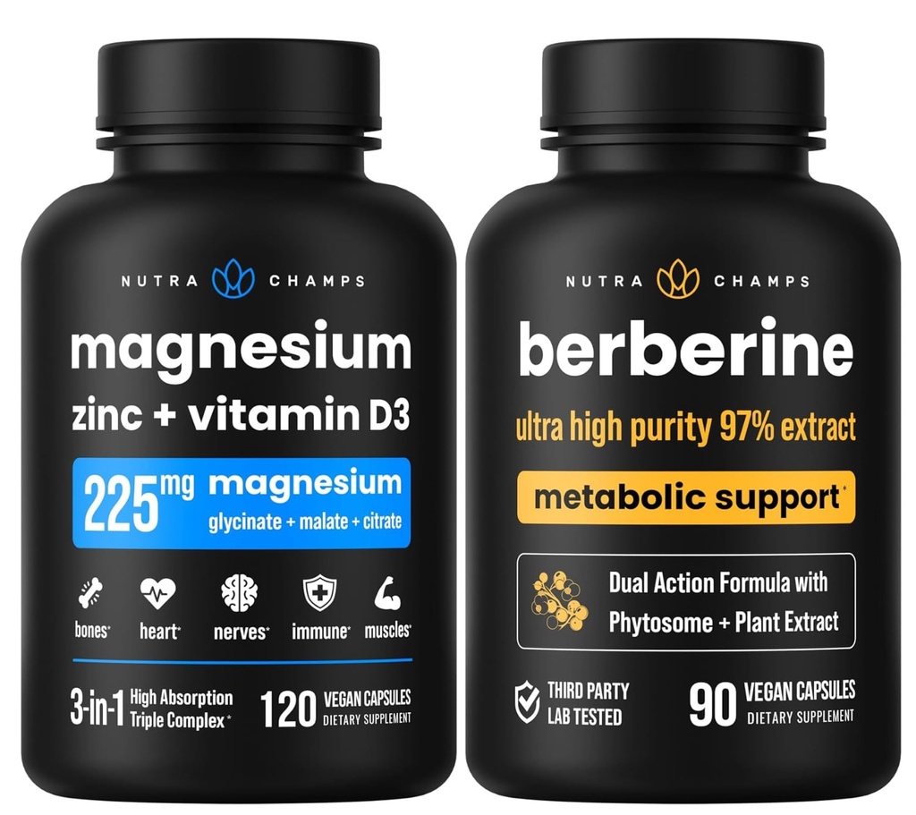 NutraChamps Πλήρης Οστική & Μεταβολική Υποστήριξη : Ψευδάργυρος μαγνήσιο D3 & Μπερβερίνη Duo