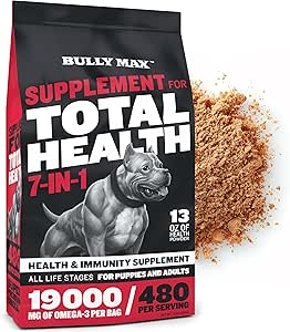 Bully Max 7-in-1 Dog Multivitamin Powder with Omega 3, 6, Glucosamine & Chondroitin for Immune System, Digestive & Joint Health - Food Topper, Vitamins & Supplements for Puppy & Adult Dogs, 13Oz Bag
