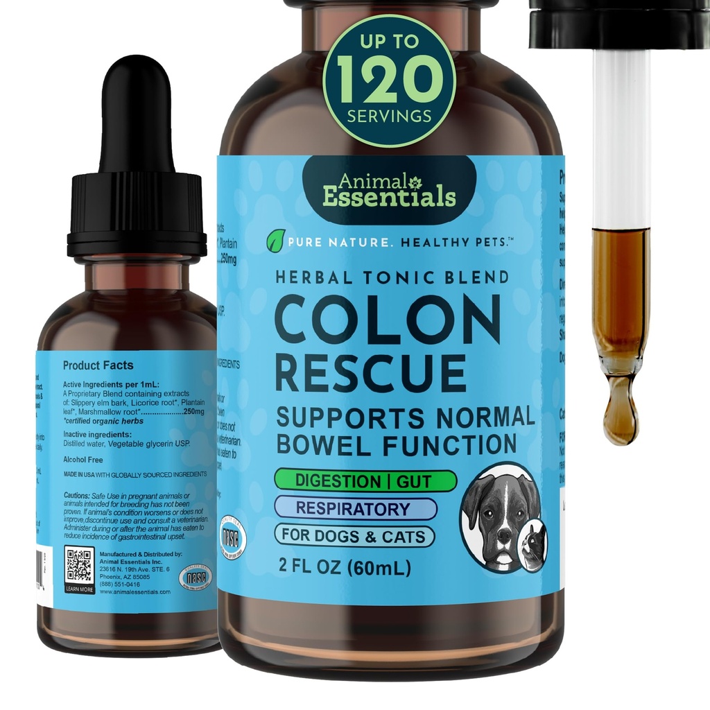 Animal Essentials Colon Rescue - Σκύλος Αποσκληρυντής Αποσκληρυντής Αποσκληρυντής Σκύλων, Βιολογικός Γλοιώδης Φλοιός Ελμ, Γρήγορος Αντιδιαρροϊκές σταγόνες για σκύλους & γάτες, Φυσικό συμπλήρωμα ανακούφισης δυσκοιλιότητας για κατοικίδια - 2 fl oz