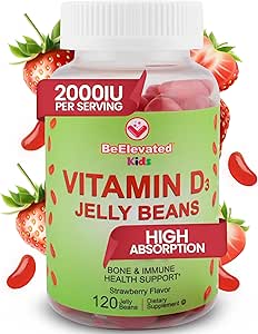 Βιταμίνη D3 Jelly Beans - Μασώμενες Βιταμίνες Gummies για παιδιά Ανοσολογική Υποστήριξη - Multivitamin Συμπληρώματα για Οστά & Κοινή Υποστήριξη - 2.000 IU Χορτοφαγική Gummy - 120 Φασόλια Γεύσης Φράουλα