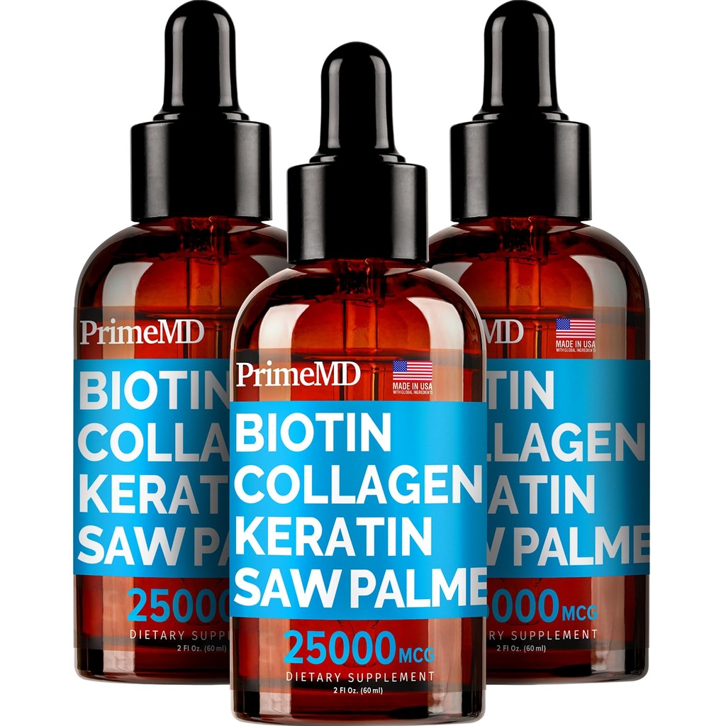 PrimeMD 4-σε-1 Liquid Biotin Collagen Keratin Saw Palmetto Drops (3 Pack) Bundle - 25000mcg Hair Nails and Skin Vitamins for Women & Men - 2 Fl Oz Κάθε, Καρπούζι Γεύση, Χωρίς Γλουτένη, Μη ΓΤΟ