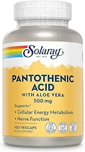 SOLARAY Pantothenic Acid 500mg - Vitamin B 5 for Coenzyme-A Production and Energy Metabolism, Hair, Skin, and Nails Support - Vegan, Lab Verified, 60-Day Guarantee - 100 Servings, 100 VegCaps