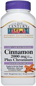 21st Century Cinnamon 2000 mg Per Serving Plus Chromium Vegetarian Capsules 120 ea(Pack of 4)