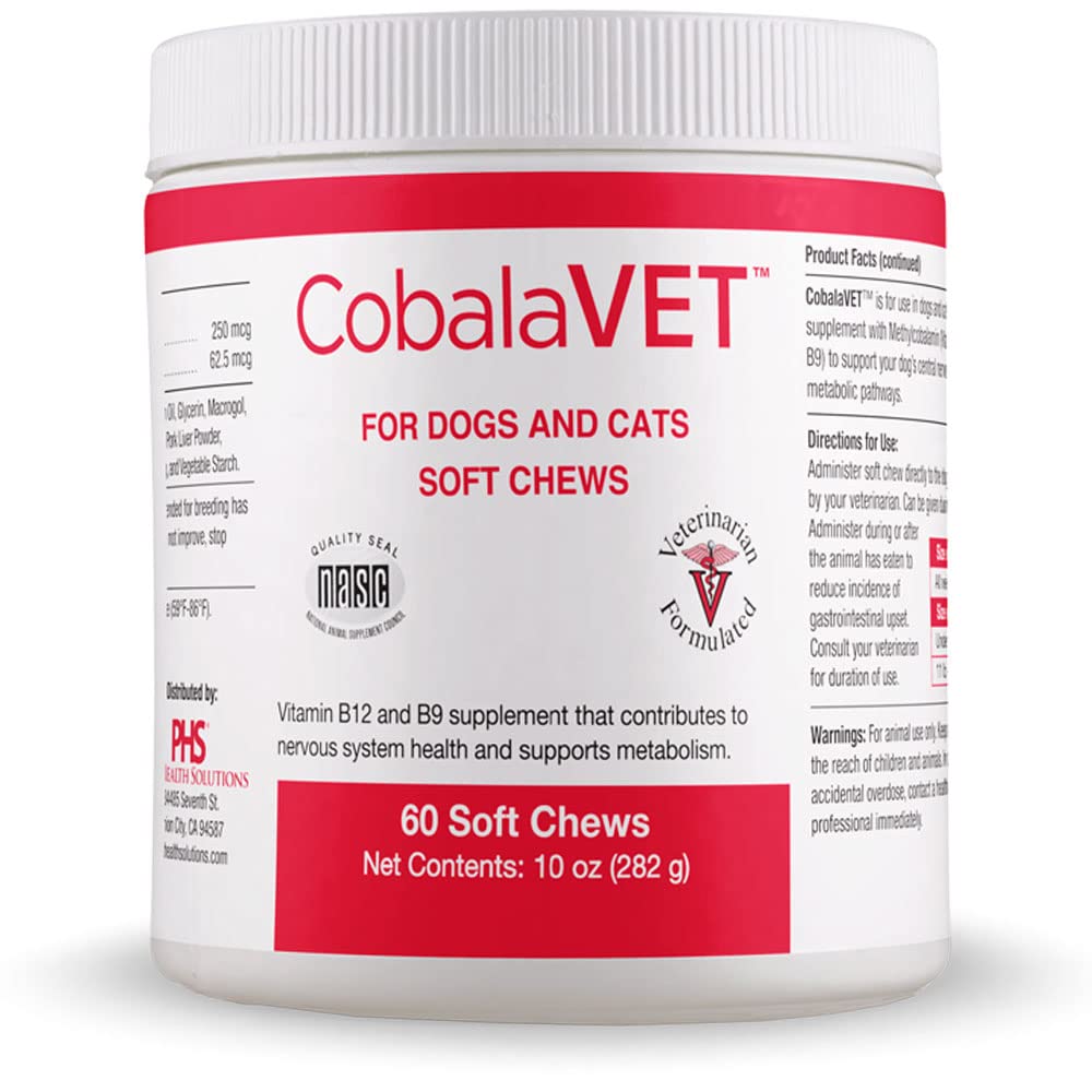 CobalaVet Vitamin B12 & B9 για μικρά σκυλιά & γάτες - Υποστηρίζει το νευρικό σύστημα, λειτουργία του εγκεφάλου, ανοσοποιητική άμυνα & ανάπτυξη κυττάρων - Σχηματισμός κυττάρων αίματος - Μεταβολική διαδρομή - 60 μαλακά μάσημα