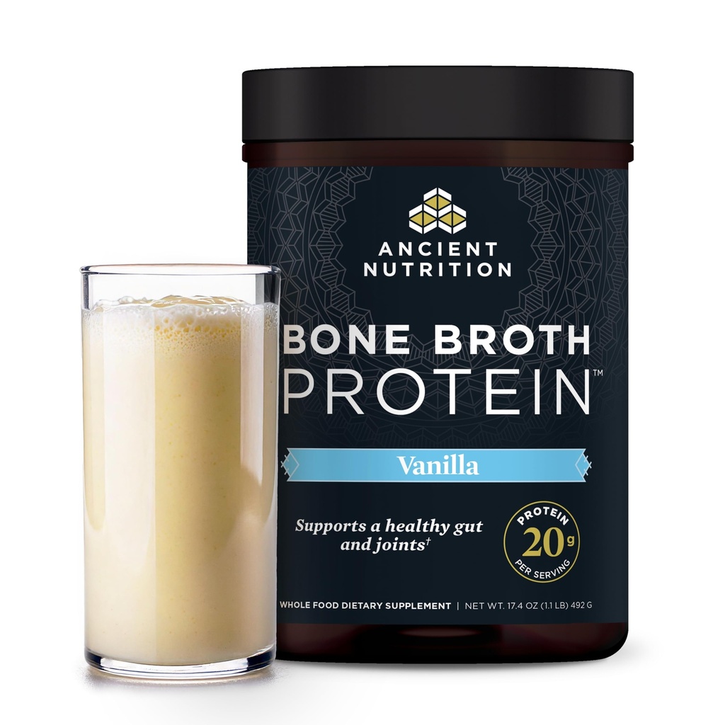 Αρχαία διατροφή Grass Fed, Cage Free, Bone Broth Protein Powder, 20g πρωτεΐνη, Hydrolyzed Collagen Peptides, Keto & Παλαιοφιλικές, υποστηρίζει Joint, Gut Health, Vanilla, 20 εξυπηρετούν