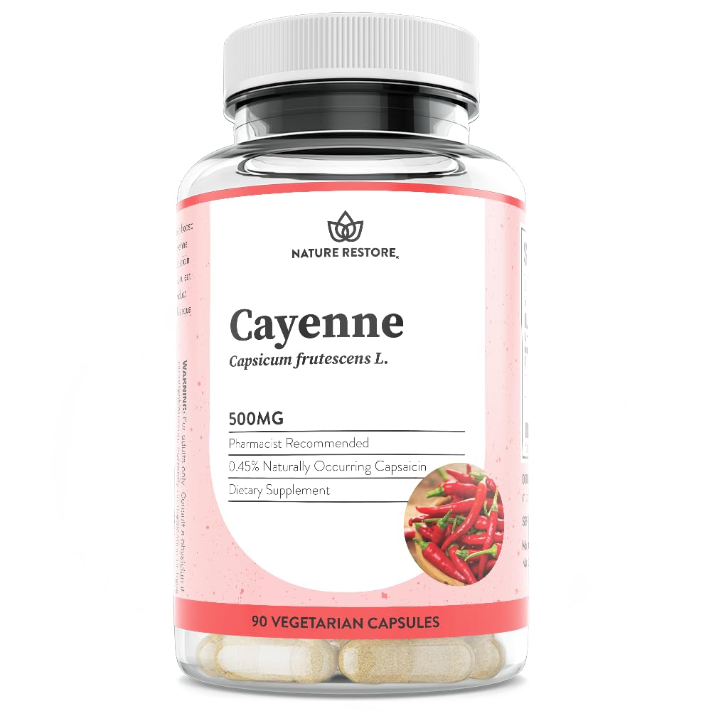 Nature Restore Cayenne Pepper Extract Supplement, Standardized to 0.45 Percent Capsaicin, 70.000 μονάδες θερμότητας Scoville, 90 κάψουλες, Κατασκευασμένες στις ΗΠΑ, Μη ΓΤΟ & Χωρίς γλουτένη