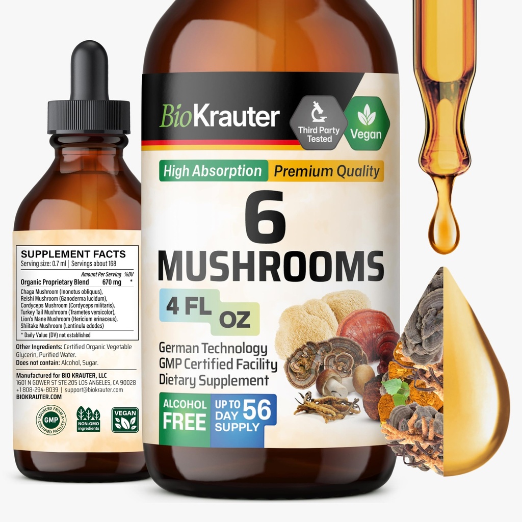 BIO KRAUTER 6 Mushrooms Supplement 6-in-1 - Lions Mane, Shiitake, Turkey Tail, Cordyceps, Reishi & Chaga Liquid Extract - Mushroom Complex Tincture - Vegan Drops 4 Fl.Oz.
