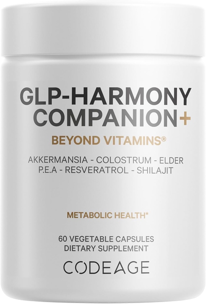 Codeage GLP-Harmony Companion+ Supplement - GLP-1 Agonist Support - Lion's Mane, Pea, Colostrum, Shilajit, Akkermansia, Elder, Citrus Bioflavonoids, Broccoli, Resveratrol - Non-GMO - 60 Capsules