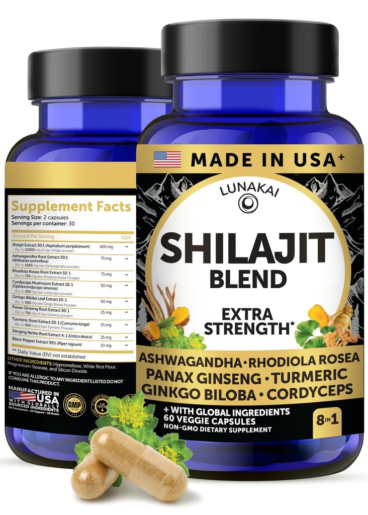Lunakai USA Made Pure Shilajit Κάψουλες με Ashwagandha, Rhodiola & Cordyceps - Extra Strength Shilajit Extract για άνδρες & γυναίκες, 60ct