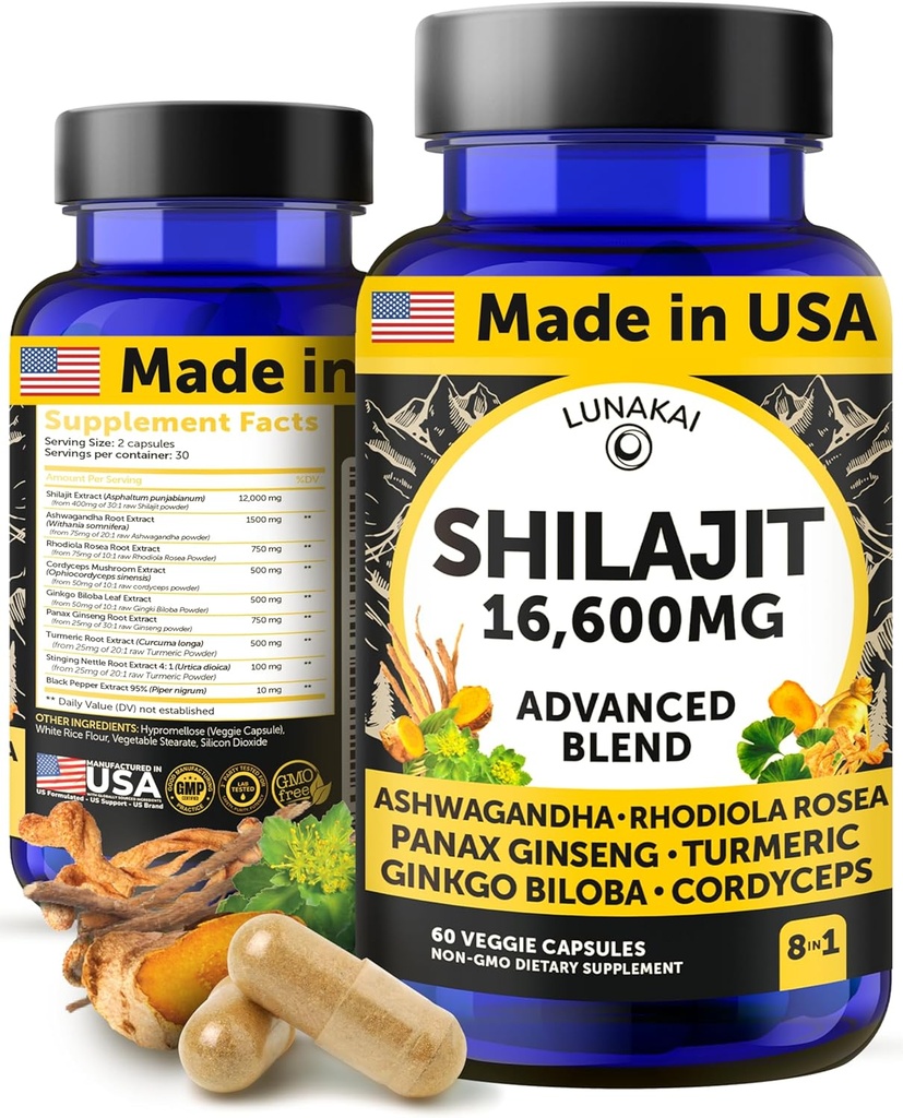 Lunakai USA Made Pure Shilajit Κάψουλες με Ashwagandha, Rhodiola & Cordyceps - Extra Strength Shilajit Extract για άνδρες & γυναίκες, 60ct