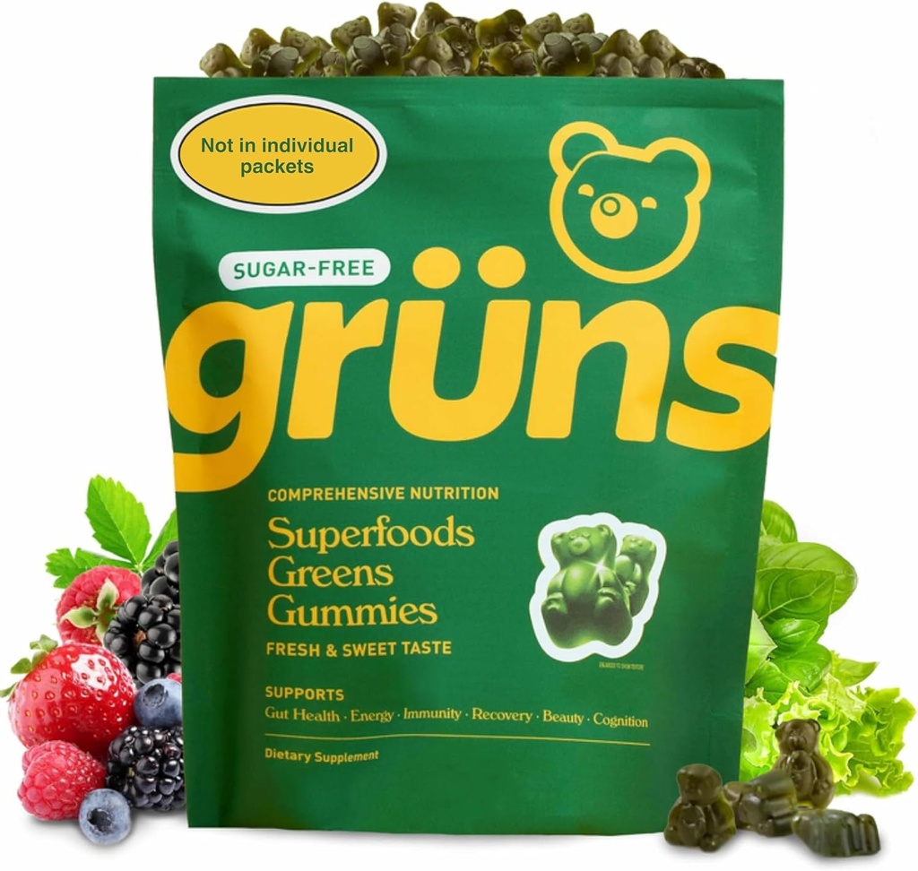 Gruns Adult Sugar-Free Super Greens Gummies - Superfood Gummy Bears with Spirulina, Chlorella, Fiber & Prebiotics for Digestive Health, Adaptogen Supplement with 20 Vitamins & Minerals, 2 Week Supply