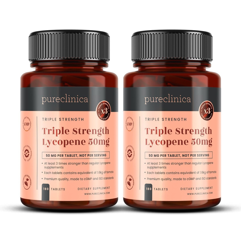 pureclinica Lycopene Supplement 50mg – High Strength Tomato Extract Antioxidant – 360 Tablets (1 Year Supply) – Prostate Health, Heart, Eye & Skin Support – GMO Free