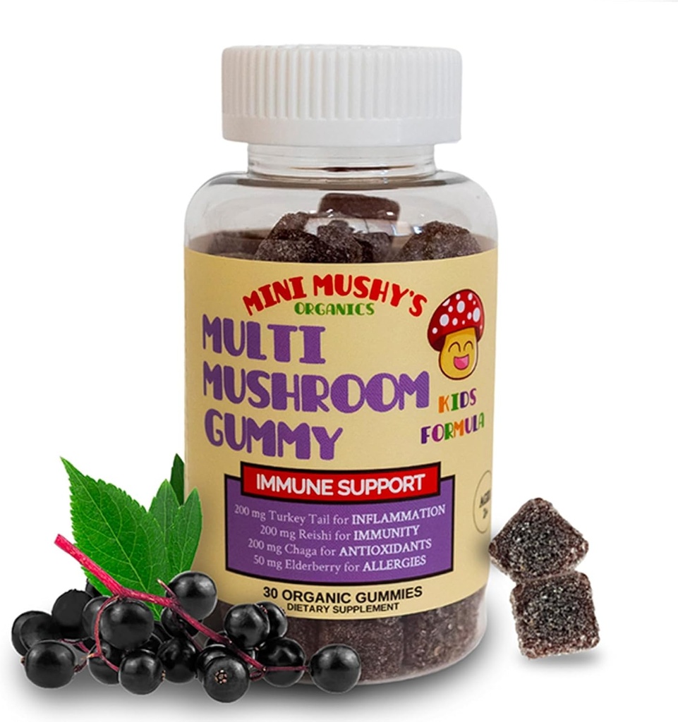 Mini Mushy's Organic Immune Support Daily Gummies | Turkey Tail, Reishi, Chaga Mushrooms, Elderberry | for Kids Ages 2+ Natural Color, Allergy Friendly, Low Sugar | Strawberry Flavor - 30 Count