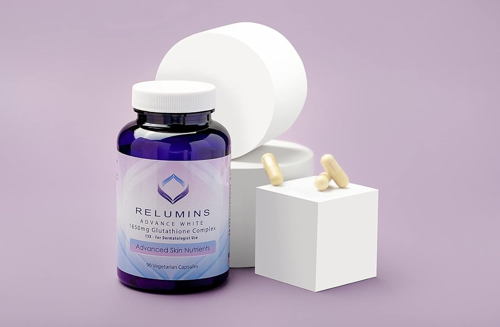 Συσκευασία των 2 Relumins Advance White 1650mg Glutathione Complex - 15x Δερματολογική Φόρμουλα με Advanced Skin Nutrients - 2 φιάλες, 90 κάψουλες Κάθε, 180 συνολικά κάψουλες