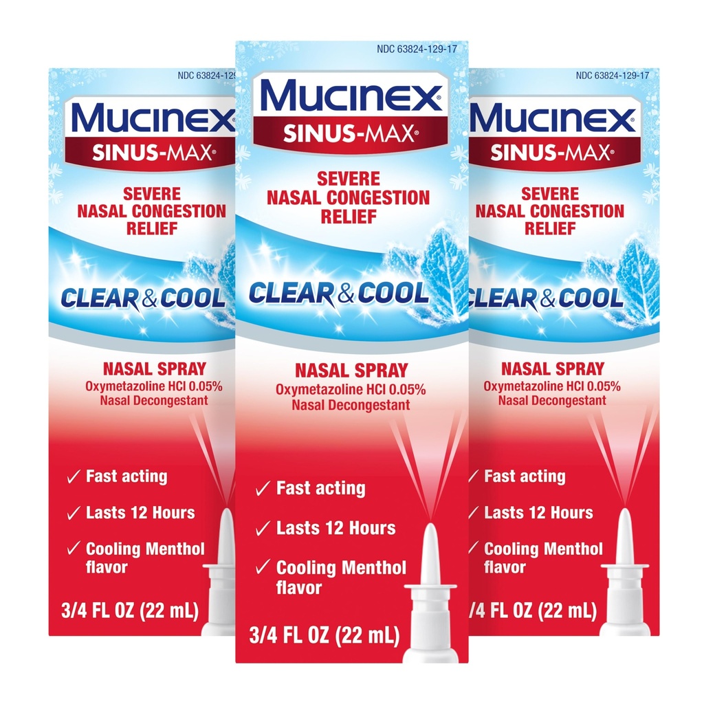 Mucinex Sinus-Max Nasal Spray Αποσυμφορητικό, 12 ώρες Over-The-Counter Medication Spray για Sinus Relief, Ρινικά Αποσυμφορητικά για Ενήλικες, Ψύξη Menthol, 0.75 Fl Oz (Pack of 3)