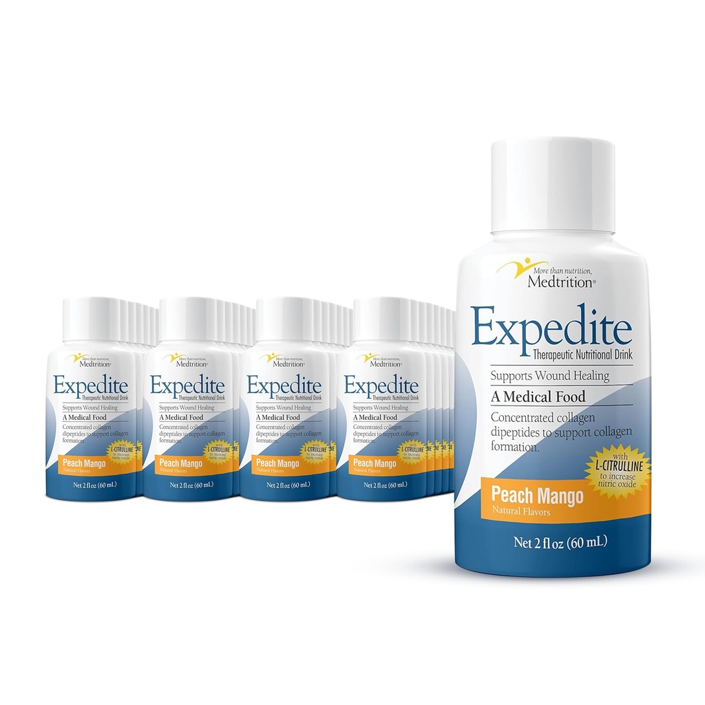 Medtrition Expedite Liquid Collagen, Peach Mango, 2 Fl Oz, Pack of 48 - Nutrition Support for General, Orthopedic & Cosmetic Surgery Recovery