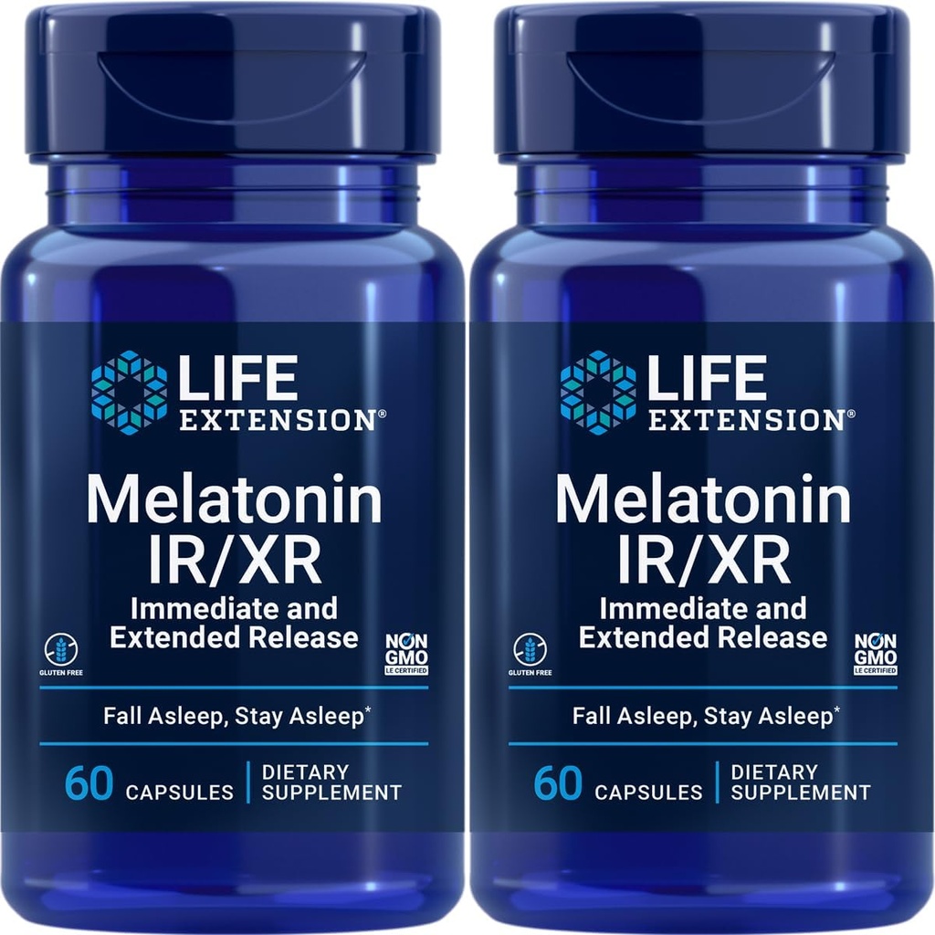 Επέκταση ζωής Μελατονίνη IR/XR, 1, 5 mg, άμεση και εκτεταμένη-απέλαση Φόρμουλα για Βέλτιστη υποστήριξη ύπνου, Υγιείς κιρκάδινοι ρυθμοί, Κυτταρική άμυνα, Χωρίς γλουτένη, Μη ΓΤΟ, 2 X 60 κάψουλες