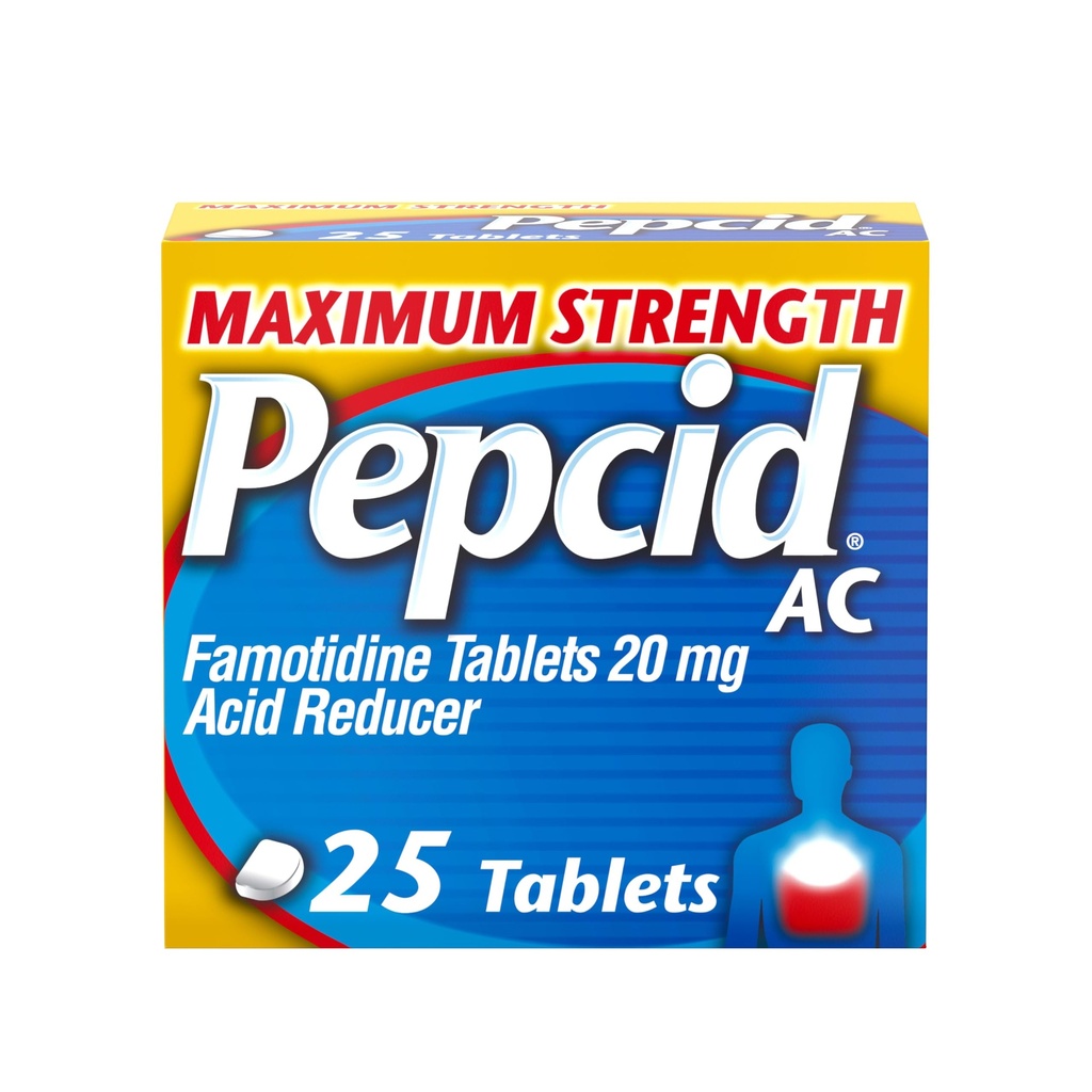 Pepcid AC μέγιστη δύναμη Heartburn Relief Tablets, OTC Medicine Αποτρέπει & Ανακουφίζει Heartburn & Acid Relux Λόγω της οξείας δυσπεψίας, 20mg Famotidine Acid Reducer, ταχείας δράσης, 25 ct