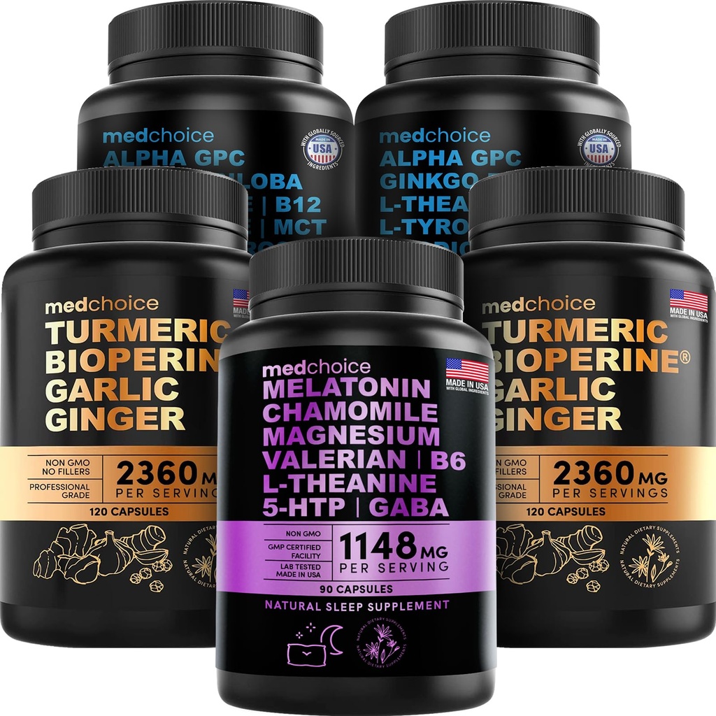 MEDCHOICE Sleep Melatonin (90ct), Turmeric & Ginger (240ct), και Nootropic Brain (120ct) Συμπλήρωμα Bundle - Wellness Trio για τον εγκέφαλο, τον ύπνο, & ανοσοποιητική υποστήριξη - Vegan, μη-GMO, χωρίς γλουτένη