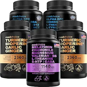 MEDCHOICE Sleep Melatonin (90ct), Turmeric & Ginger (240ct), και Nootropic Brain (120ct) Συμπλήρωμα Bundle - Wellness Trio για τον εγκέφαλο, τον ύπνο, & ανοσοποιητική υποστήριξη - Vegan, μη-GMO, χωρίς γλουτένη
