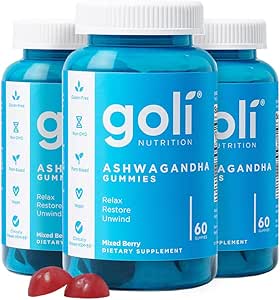 Goli Ashwagandha & Vitamin D Gummy - 180 Count - Mixed Berry, KSM-66, Vegan, Plant Based, Non-GMO, Gluten-Free & Gelatin Free Relax. Restore. Unwind, Pack of 3