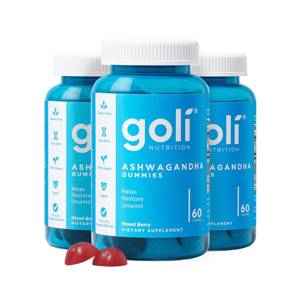 Goli Ashwagandha & Vitamin D Gummy - 180 Count - Mixed Berry, KSM-66, Vegan, Plant Based, Non-GMO, Gluten-free & Gelatin Free Relax. Επαναφορά. Χαλαρώστε, συσκευασία των 3