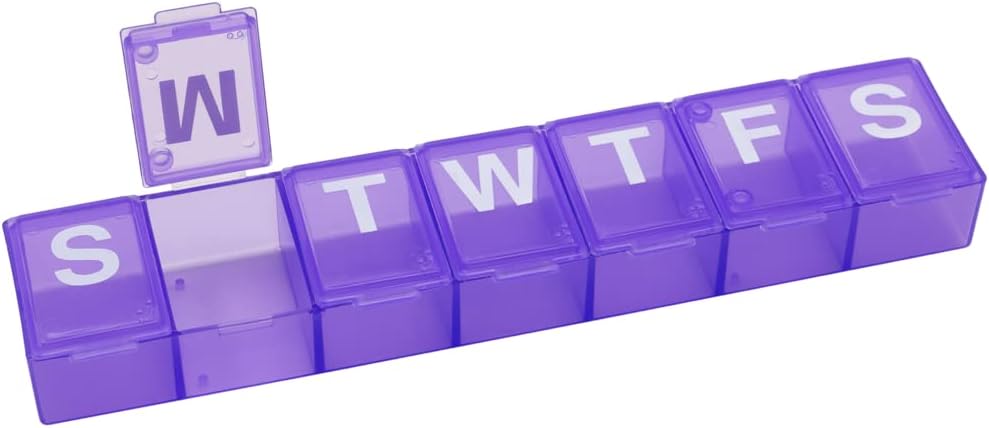 EZY DOSE Εβδομαδιαία (7-Ημέρα) Hill Organizer, Medicine Planner, κουτί αποθήκευσης βιταμινών, βολικό και εύκολο στη χρήση, Μεσαία Διαμερίσματα, Θήκη για Συμπληρώματα και ιχθυέλαια, Ταξίδι Φιλικό, Μωβ, BPA Δωρεάν