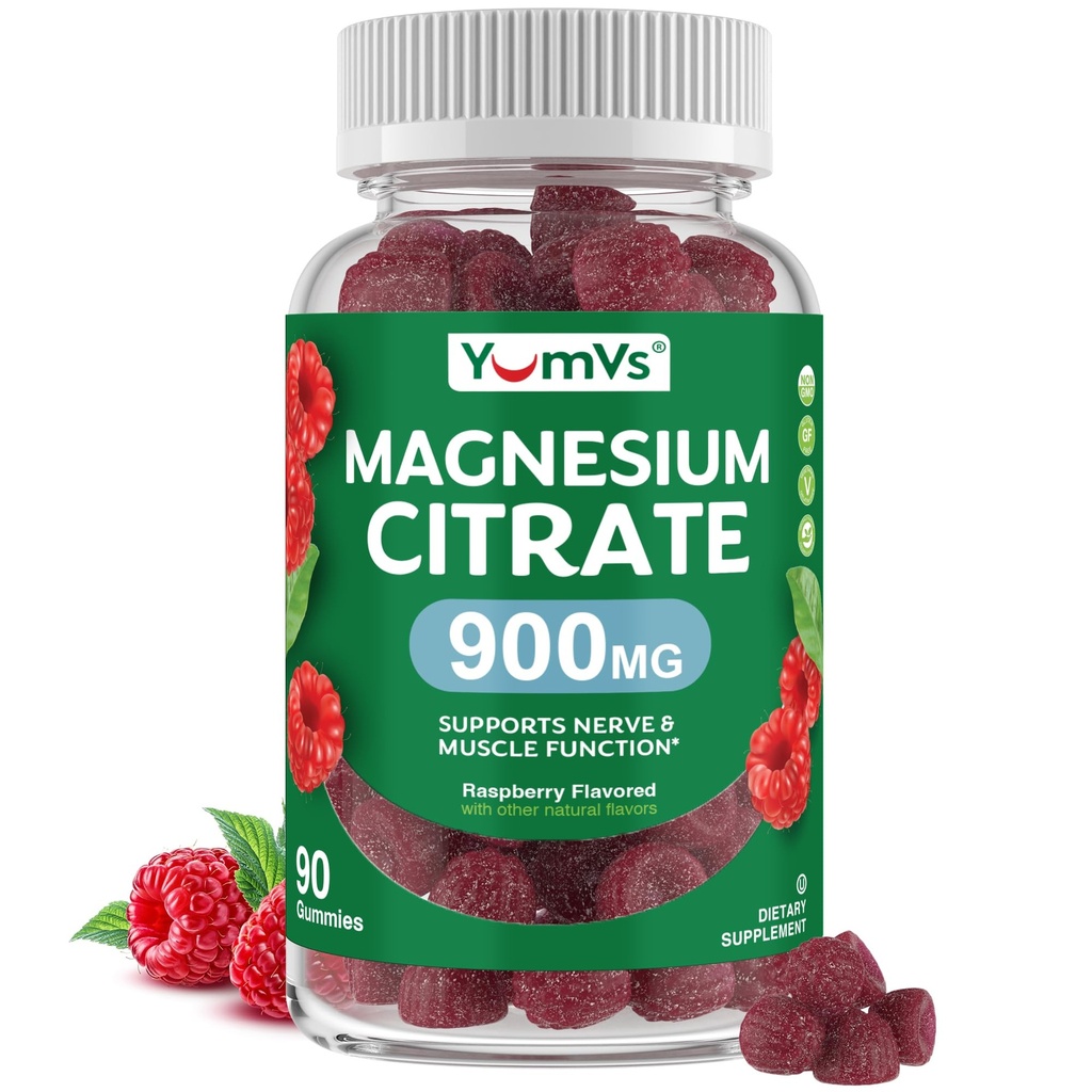 YUM-V'S Magnesium Citrate Gummies – 900mg Απορροφήσιμες Γκάμιες Μαγνησίου για γυναίκες και άνδρες για την υποστήριξη των νεύρων, των μυών και των ενζύμων λειτουργία – Χωρίς γλουτένη, Kosher & Raspberry Flavor (90 κόμης)