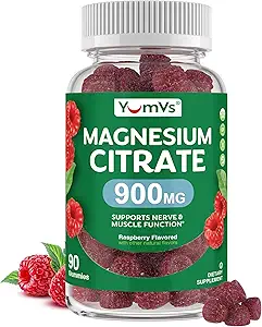 YUM-V'S Magnesium Citrate Gummies – 900mg Απορροφήσιμες Γκάμιες Μαγνησίου για γυναίκες και άνδρες για την υποστήριξη των νεύρων, των μυών και των ενζύμων λειτουργία – Χωρίς γλουτένη, Kosher & Raspberry Flavor (90 κόμης)