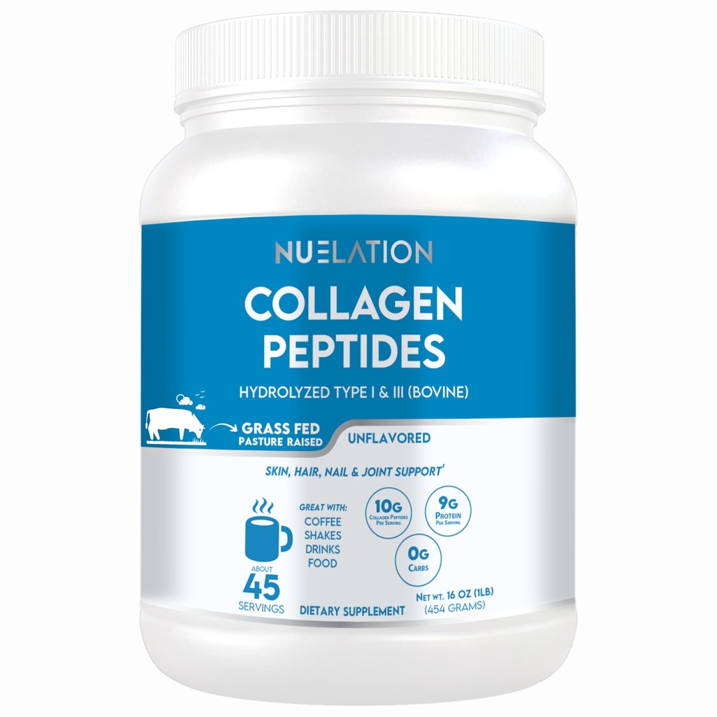 Άγευστη Grass-Fed Collagen Peptides Protein Powder 1LB, 45 μερίδες. Τύπος 1 & 3 Hydrolyzed Bovine Collagen για γυναίκες & άνδρες. 10g Κόνις κολλαγόνου & 9g πρωτεΐνη ανά υπηρεσία για το δέρμα, τα μαλλιά, την υποστήριξη νυχιών