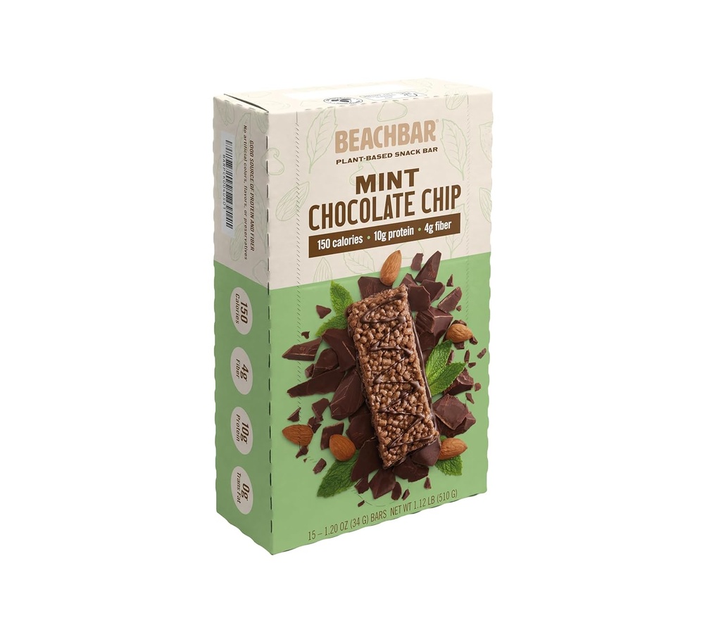BODi BEACHBAR Plant-based Mint Chocolate Chip – Protein Rich Vegan Snack Bar, Gluten-free, Low Glycemic Index, 10g πρωτεΐνη, 150 θερμίδες, 15 bars ανά κουτί