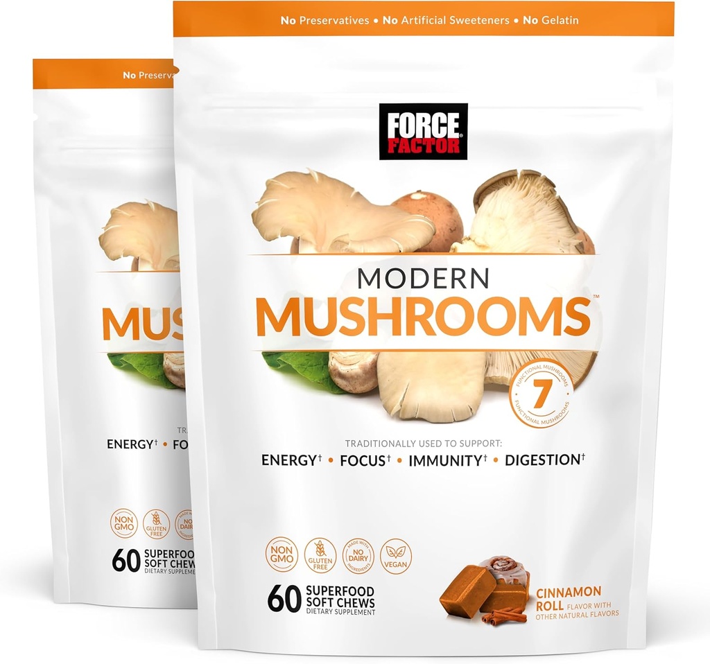Force Factor Modern Μανιτάρια Μαλακά μάσημα, συμπλήρωμα μανιταριών με Lions Mane, Turkey Tail, & Cordyceps για την υποστήριξη της ενέργειας, της ανοσίας, & digestion, ρολό κανέλας, 120 μαλακά μάσημα, 2-πακέτο