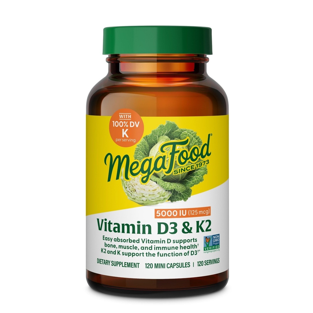 MegaFood Vitamin D3 5000 IU (125 mcg) - Χορτοφαγικά συμπληρώματα με βιταμίνη D3 K2 - Υποστηρίζει οστά, δόντια, μύες & ανοσοποιητική υγεία - Certified Non-GMO - 120 μίνι κάψουλες, 120 εξυπηρετούν