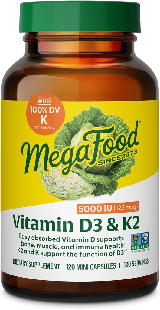 MegaFood Vitamin D3 5000 IU (125 mcg) - Χορτοφαγικά συμπληρώματα με βιταμίνη D3 K2 - Υποστηρίζει οστά, δόντια, μύες & ανοσοποιητική υγεία - Certified Non-GMO - 120 μίνι κάψουλες, 120 εξυπηρετούν