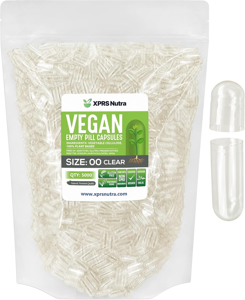 XPRS Nutra Size 00 Κενές κάψουλες - 5000 Counted Clear Empty Vegan Caps - Vegetarian Empty Pills - DIY Καψάκιο Φυτικών Γεμίζοντας - Veggie Pill Caps