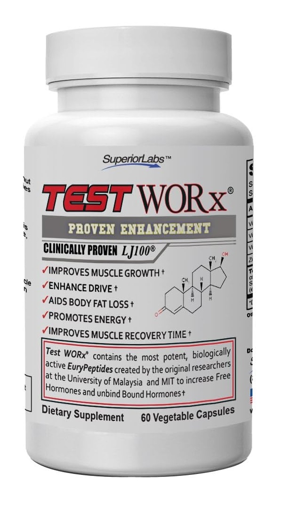 Superior Labs Test Worx Φυσικό συμπλήρωμα ενισχυτή τεστοστερόνης με κλινικά αποδεδειγμένα LJ100 και 8 άλλα ισχυρά συστατικά - αισθητή αύξηση της ενέργειας, Stamina, ανάκτηση, ύπνο και διάθεση