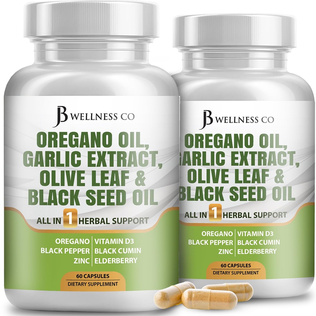JB Wellness Oregano Oil, εκχύλισμα σκόρδου, Olive Leaf, με Astragalus - Immune Support & Digestive Health Supplement for Women and Men - 120 Count