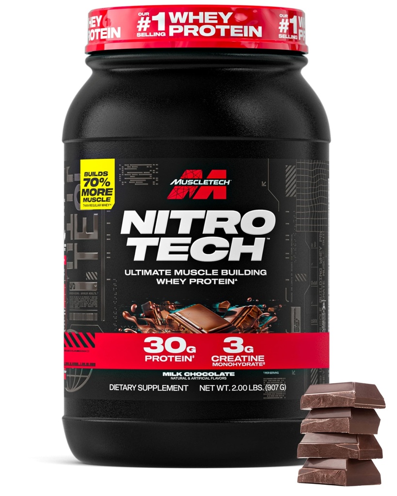 Muscletech Whey Protein Powder (Σοκολάτα γάλακτος, 2 Λίρες) - Nitro-Tech Ultimate Muscle Building Formula with Whey Protein Isolate - 30g πρωτεΐνης, 3g Creatine & 6,8g BCAA - Συσκευασία Μαΐου Vary
