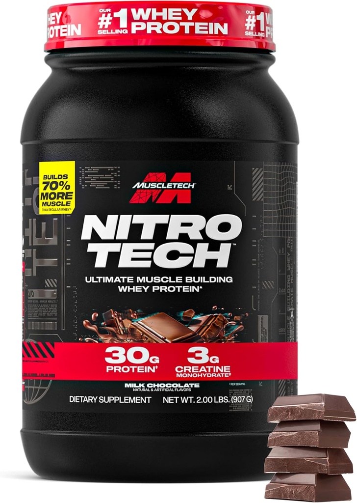 Muscletech Whey Protein Powder (Milk Chocolate, 2 Pound) - Nitro-Tech Ultimate Muscle Building Formula with Whey Protein Isolate - 30g of Protein, 3g of Creatine & 6.8g of BCAA - Packaging May Vary