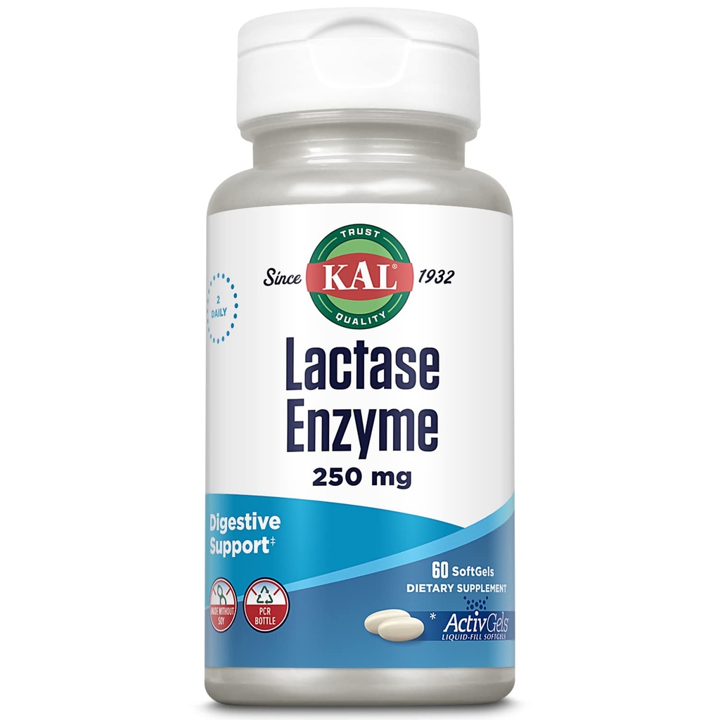 KAL Lactase Enzyme 250 mg, Υγιεινή υποστήριξη πήξεως για δυσανεξία στη λακτόζη, υγρό-φιλεμένα ενεργοποιητές Made Without Soy, 250 FCC Units, 30 Services, 60 SoftGels